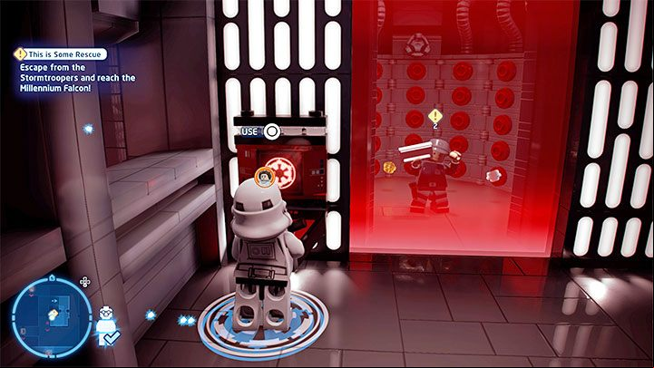 Wearing the disguise, go through the adjacent corridors to the red console shown in the picture - LEGO Skywalker Saga: This is Some Rescue - walkthrough - Episode 4 - A New Hope - LEGO Skywalker Saga Guide