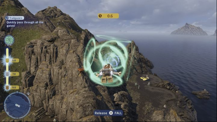 To complete the trial, you have to through all 6 gates one by one by using a Glider, one of the Scavenger's gadgets - LEGO Skywalker Saga: Ahch-To - trial, walkthrough - Trials - LEGO Skywalker Saga Guide