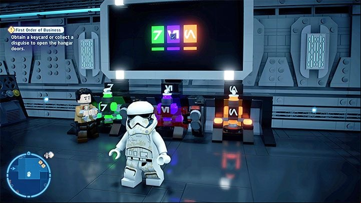 There is a puzzle with three containers in the upper control room - LEGO Skywalker Saga: First Order of Business - walkthrough - Episode 7 - The Force Awakens - LEGO Skywalker Saga Guide