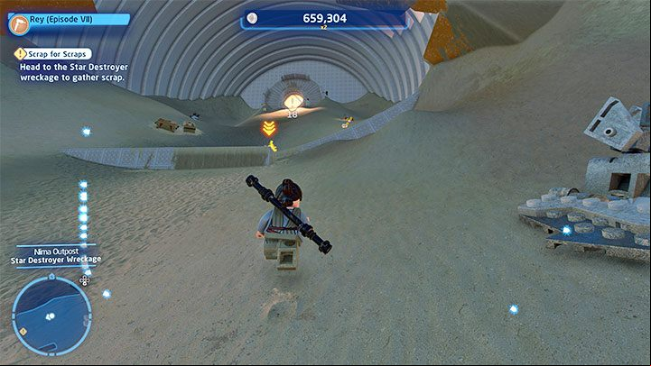She will receive a task to find 20 pieces of scrap metal - go towards the wreckage of the Star Destroyer - LEGO Skywalker Saga: Low Flying Garbage - walkthrough - Episode 7 - The Force Awakens - LEGO Skywalker Saga Guide