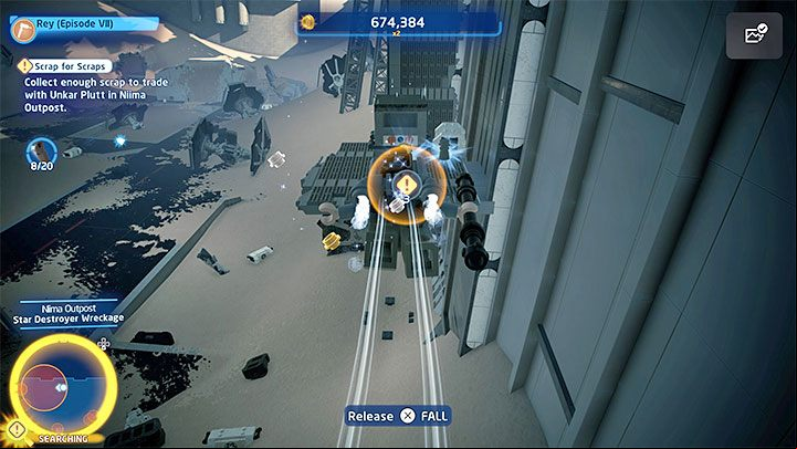 After using the Net Launcher for the first time, you will reach a ledge where, apart from scrap metal, you will find the second terminal - LEGO Skywalker Saga: Low Flying Garbage - walkthrough - Episode 7 - The Force Awakens - LEGO Skywalker Saga Guide