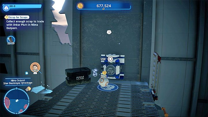 Push the crate off the ledge you landed on, jump down, and start building with bricks - LEGO Skywalker Saga: Low Flying Garbage - walkthrough - Episode 7 - The Force Awakens - LEGO Skywalker Saga Guide
