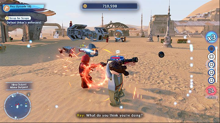 After collecting 20 pieces of scrap, leave the wreckage and head towards Unkar Plutt's shop located in the Niima Outpost - LEGO Skywalker Saga: Low Flying Garbage - walkthrough - Episode 7 - The Force Awakens - LEGO Skywalker Saga Guide