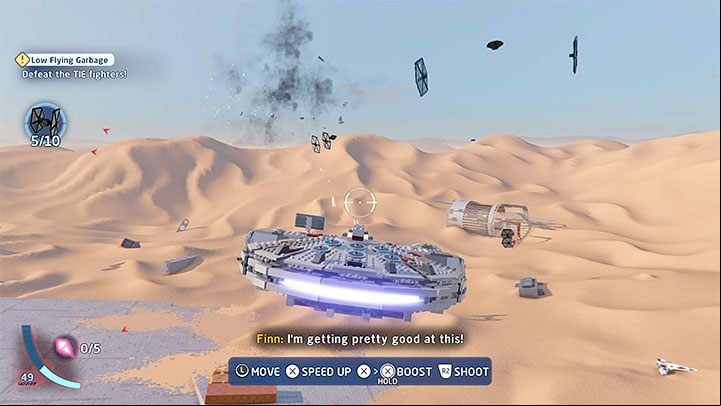 In the first part of the mission you have to destroy 3 groups of TIE Fighters, which consist of 7, 10 and 12 ships respectively - LEGO Skywalker Saga: Low Flying Garbage - walkthrough - Episode 7 - The Force Awakens - LEGO Skywalker Saga Guide
