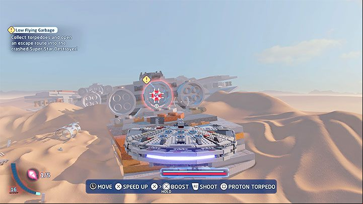 After shooting down all the fighters, you will have to use a torpedo on the wreckage of the Star Destroyer - LEGO Skywalker Saga: Low Flying Garbage - walkthrough - Episode 7 - The Force Awakens - LEGO Skywalker Saga Guide
