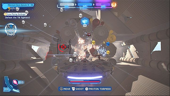 After you fly into the wreckage, destroy the next TIE Fighters - LEGO Skywalker Saga: Low Flying Garbage - walkthrough - Episode 7 - The Force Awakens - LEGO Skywalker Saga Guide