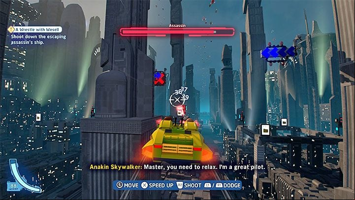This level in its entirety is a few minutes of a flying vehicles chase in which your main objective is to destroy the assassin's spaceship which is piloted by Zam Wesell - LEGO Skywalker Saga: A Wrestle with Wesell - walkthrough - Episode 2 - Attack of the Clones - LEGO Skywalker Saga Guide