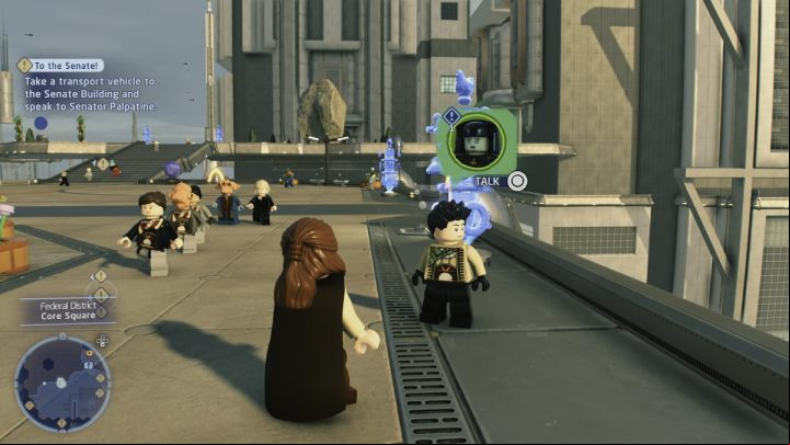 Talk to the transport official found in the northern part of the map and accept the quest - LEGO Skywalker Saga: Taxi Unfair - walkthrough - Coruscant - federal district - LEGO Skywalker Saga Guide