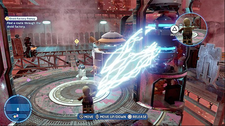 The energy source above the blue terminal will be activated, but the second one will require charging - LEGO Skywalker Saga: Droid Factory Frenzy - walkthrough - Episode 2 - Attack of the Clones - LEGO Skywalker Saga Guide