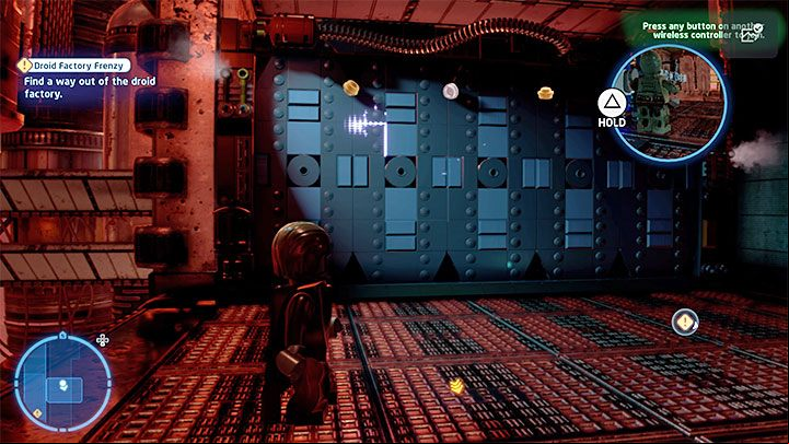 As Anakin, approach the wall next to the new conveyor belt which is shown in the attached picture to stick a lightsaber in it - LEGO Skywalker Saga: Droid Factory Frenzy - walkthrough - Episode 2 - Attack of the Clones - LEGO Skywalker Saga Guide