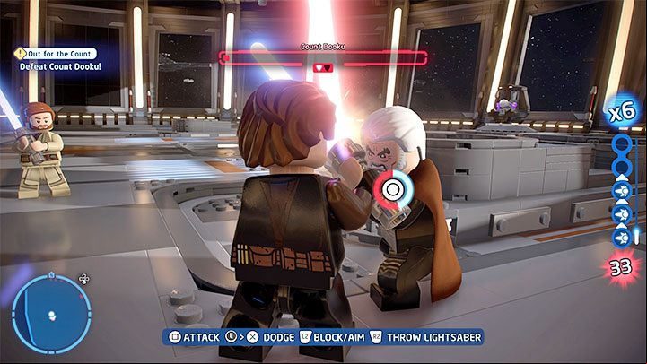 When one of Dooku's health bars gets low you must approach him and enter a blade lock - LEGO Skywalker Saga: Out for the Count - walkthrough - Episode 3 - Revenge of the Sith - LEGO Skywalker Saga Guide