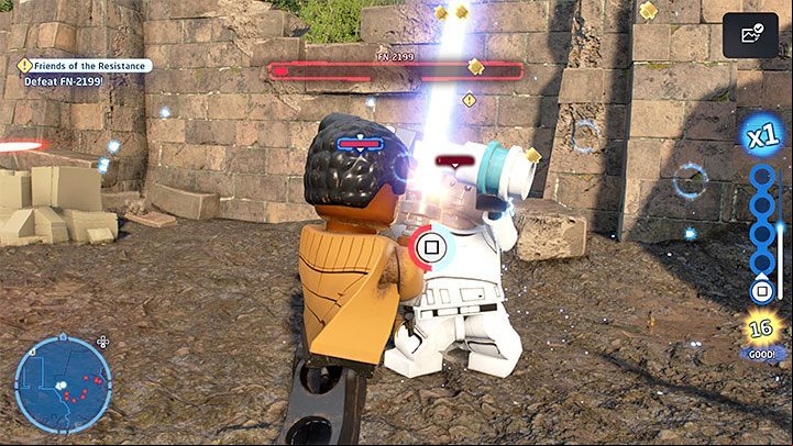 In the final part of the fight, you might need to wrestle against FN-2199 - all you need to do is mash the button displayed on the screen - LEGO Skywalker Saga: Starkiller Queen - walkthrough - Episode 7 - The Force Awakens - LEGO Skywalker Saga Guide