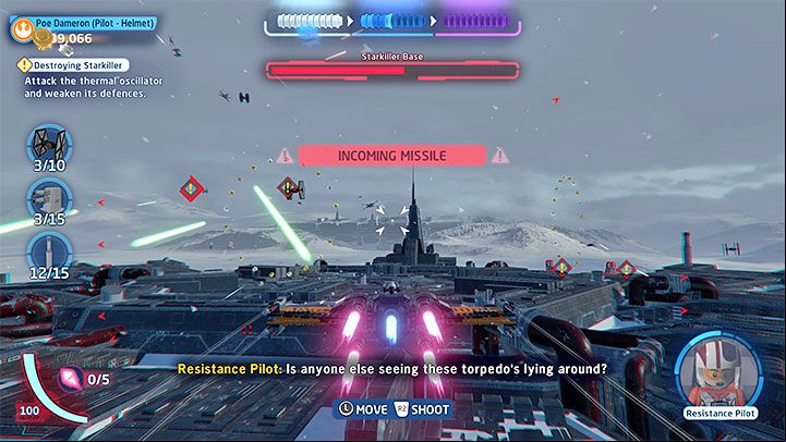 As you take part in this battle to focus on all notifications, especially those which indicate that you were locked or targeted by enemy - LEGO Skywalker Saga: Destroying Starkiller - walkthrough - Episode 7 - The Force Awakens - LEGO Skywalker Saga Guide