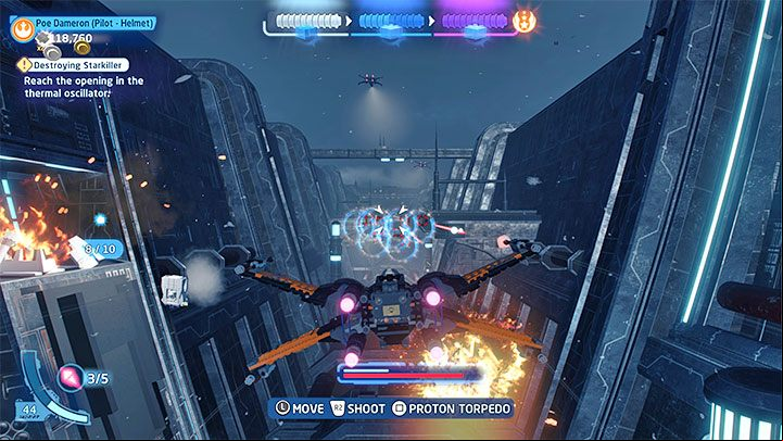 After destroying the nearby fighters and defense systems, the flight through the trench will begin - LEGO Skywalker Saga: Destroying Starkiller - walkthrough - Episode 7 - The Force Awakens - LEGO Skywalker Saga Guide