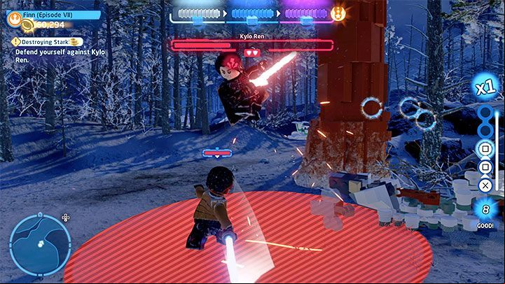 The duel consists of 3 parts and in each of them your task will be to empty one of the boss' health bars - LEGO Skywalker Saga: Destroying Starkiller - walkthrough - Episode 7 - The Force Awakens - LEGO Skywalker Saga Guide