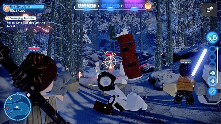 After Kylo Ren loses the first of 3 health bars, he will run away for the first time - LEGO Skywalker Saga: Destroying Starkiller - walkthrough - Episode 7 - The Force Awakens - LEGO Skywalker Saga Guide