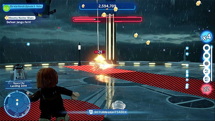 During this fight, you'll need to watch out for enemy starship fire and the missiles fired by Jango - LEGO Skywalker Saga: Jango Fett - boss, how to beat? - Bosses - LEGO Skywalker Saga Guide