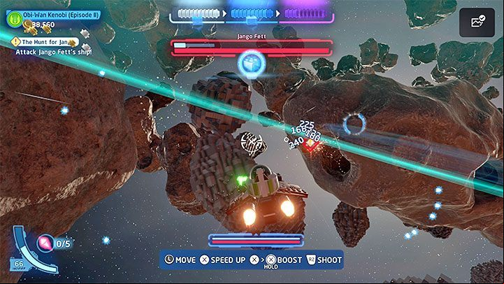 The second confrontation is part of a story mission that involves defeating Jango's starship after reaching the asteroid field - LEGO Skywalker Saga: Jango Fett - boss, how to beat? - Bosses - LEGO Skywalker Saga Guide