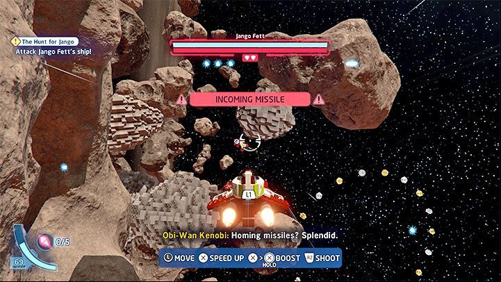 During this battle, you have to react to notifications about incoming rockets (example in the screenshot) - LEGO Skywalker Saga: Jango Fett - boss, how to beat? - Bosses - LEGO Skywalker Saga Guide