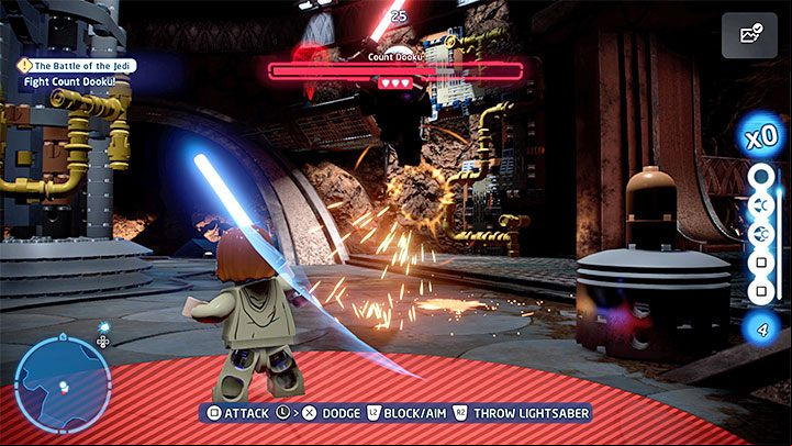 React to Dooku's powerful attacks which are signaled with red lines and circles - LEGO Skywalker Saga: Count Dooku in Episode 2 - boss, how to beat? - Bosses - LEGO Skywalker Saga Guide