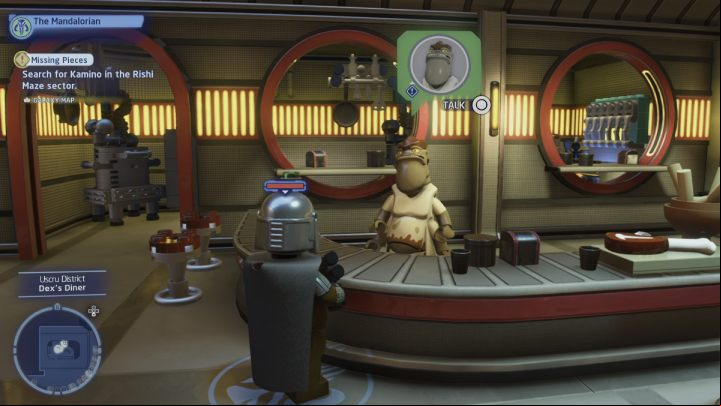 To start the quest you must talk to the diner owner found at the highest level of the Uscru district - LEGO Skywalker Saga: Crime Dining - walkthrough - Coruscant - Uscru district - LEGO Skywalker Saga Guide