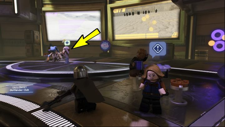 Select a bounty hunter character and head to the Outlander Club at the lowest level of the district - LEGO Skywalker Saga: Crime Dining - walkthrough - Coruscant - Uscru district - LEGO Skywalker Saga Guide