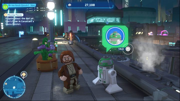 Talk to the astromech droid at the highest level of the Uscru district and accept the quest - LEGO Skywalker Saga: A Raw Deal - walkthrough - Coruscant - Uscru district - LEGO Skywalker Saga Guide