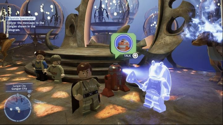 Talk to the droid at Gungan City's main entrance - LEGO Skywalker Saga: Spatula Spectacular - walkthrough - Naboo - Lake Paonga - LEGO Skywalker Saga Guide
