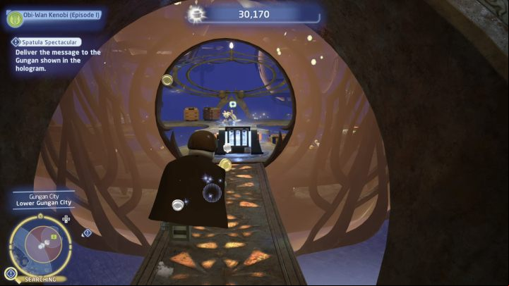 The Gungan you're looking for is in a small room at the bottom of the city, in its north-eastern area - LEGO Skywalker Saga: Spatula Spectacular - walkthrough - Naboo - Lake Paonga - LEGO Skywalker Saga Guide