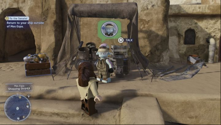 Talk to Ode Mandrell in the southeastern part of the Mos Espa shopping district - LEGO Skywalker Saga: For Pit-ys Sake - walkthrough - Tatooine - Mos Espa - LEGO Skywalker Saga Guide