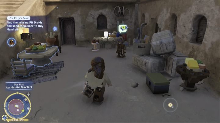 The 2nd droid is standing by the stairs next to the Living Quarters in the northern part of the city - LEGO Skywalker Saga: For Pit-ys Sake - walkthrough - Tatooine - Mos Espa - LEGO Skywalker Saga Guide