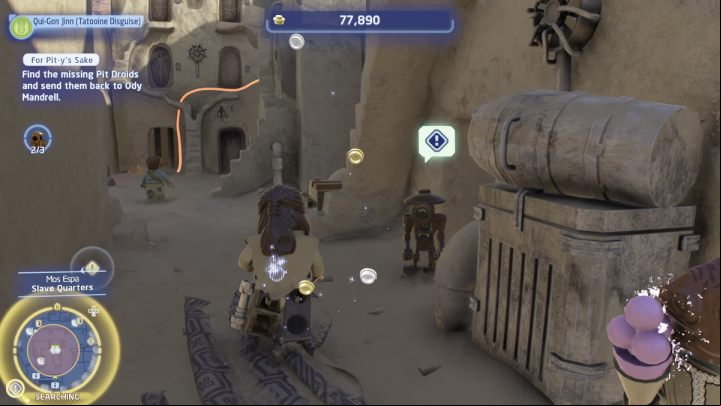 The 3rd droid is hiding between the buildings in the Slave Quarters district, in the western part of the map - LEGO Skywalker Saga: For Pit-ys Sake - walkthrough - Tatooine - Mos Espa - LEGO Skywalker Saga Guide
