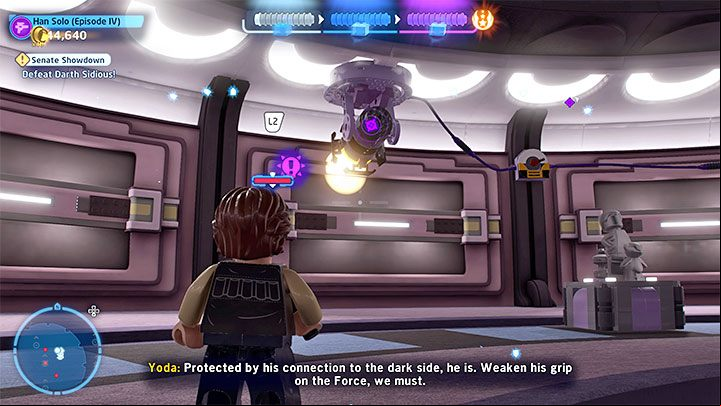 There are three challenges in this level and all three must be completed at the very beginning of the mission, before Sidious stops attacking you with lightning and starts freely running around the arena - LEGO Skywalker Saga: Senate Showdown - walkthrough - Episode 3 - Revenge of the Sith - LEGO Skywalker Saga Guide