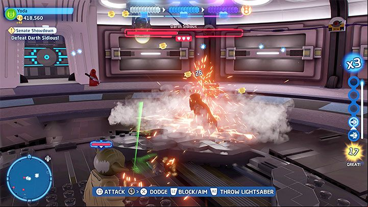 Darth Sidious has to recover for a while after using the lightning spin - LEGO Skywalker Saga: Senate Showdown - walkthrough - Episode 3 - Revenge of the Sith - LEGO Skywalker Saga Guide