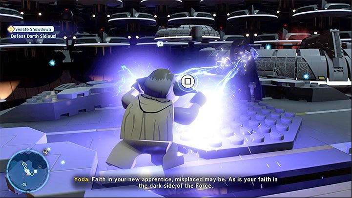 After draining his first health bar out of four Sidious will pull you closer - struggle against him using the Force - LEGO Skywalker Saga: Senate Showdown - walkthrough - Episode 3 - Revenge of the Sith - LEGO Skywalker Saga Guide