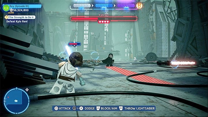 Make sure to dodge his attacks - LEGO Skywalker Saga: Kylo Ren - boss, how to beat? - Bosses - LEGO Skywalker Saga Guide
