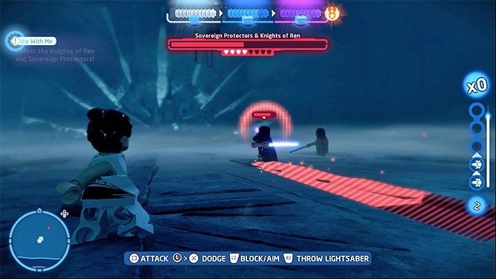 The Protectors and the Knights have their own separate strong attacks which are, as usual, telegraphed by red lines and circles of various sizes - LEGO Skywalker Saga: Be With Me - walkthrough - Episode 9 - The Rise of Skywalker - LEGO Skywalker Saga Guide