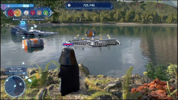 The brick is on a crashed spacecraft in the middle of the lake - LEGO Skywalker Saga: Mazs Castle - list of all puzzles - Takodona - LEGO Skywalker Saga Guide