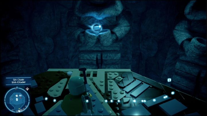 This brick is lying in the palms of the statue you will while riding down the elevator to the Citadel - LEGO Skywalker Saga: Sith Citadel - list of all puzzles - Exegol - LEGO Skywalker Saga Guide