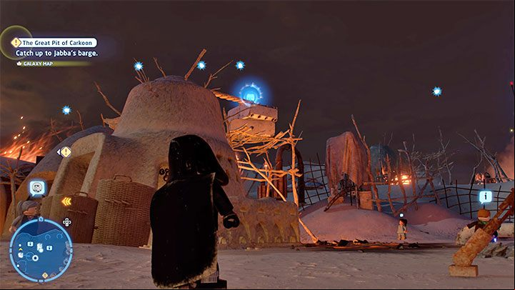 You have to reach the scaffolding shown in the picture, next to one of the huts - LEGO Skywalker Saga: Tuanul Village - list of all puzzles - Jakku - LEGO Skywalker Saga Guide