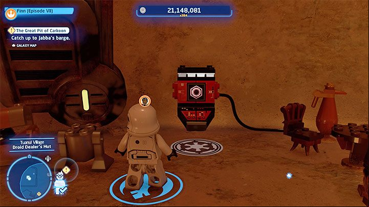 Find the red terminal hidden behind destructible objects in the hut - LEGO Skywalker Saga: Tuanul Village - list of all puzzles - Jakku - LEGO Skywalker Saga Guide