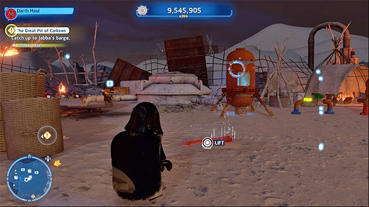 Your task is to find interactive pipes nearby (example in the picture), move them with the Force, and place them in the right spots - LEGO Skywalker Saga: Tuanul Village - list of all puzzles - Jakku - LEGO Skywalker Saga Guide