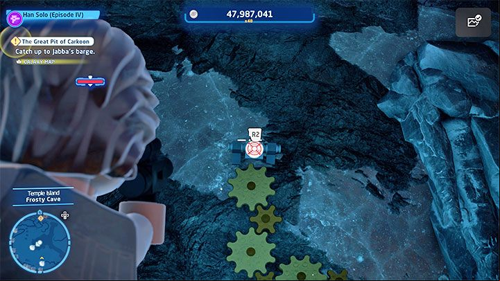 After placing the 3 gears, you have to complete the puzzle by hitting the small target above the gears with a blaster (the picture above) - LEGO Skywalker Saga: Temple Island - list of all puzzles - Ahch-To - LEGO Skywalker Saga Guide