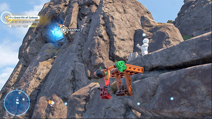 To solve the puzzle, choose any character that can pull itself towards grappling points - LEGO Skywalker Saga: Temple Island - list of all puzzles - Ahch-To - LEGO Skywalker Saga Guide