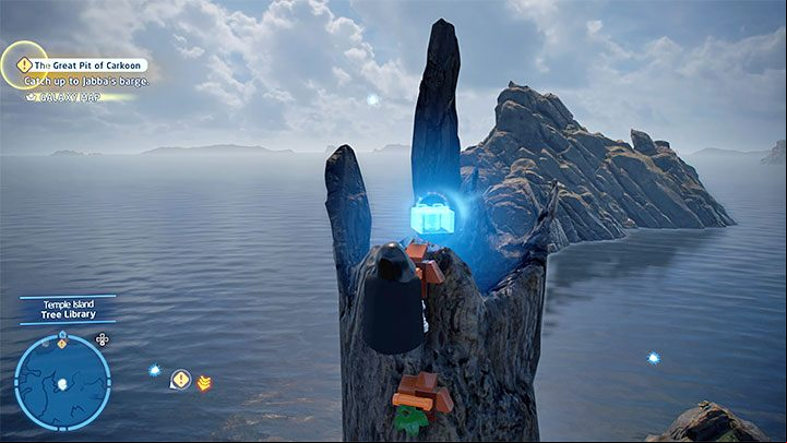 After reaching the marked location, look for a structure resembling a destroyed tree with climbing ledges - LEGO Skywalker Saga: Temple Island - list of all puzzles - Ahch-To - LEGO Skywalker Saga Guide
