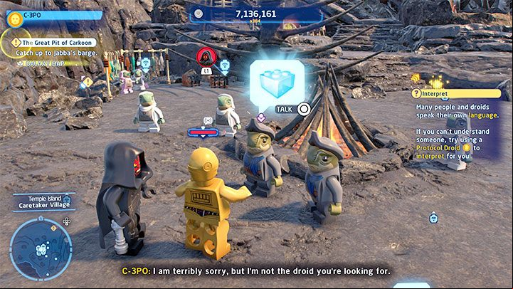 After reaching the village, use the protocol droid to talk to the Perturbed Party Planner - LEGO Skywalker Saga: Temple Island - list of all puzzles - Ahch-To - LEGO Skywalker Saga Guide