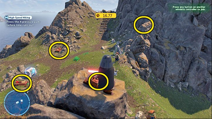 You will find a locked container that can be opened by pressing 4 buttons - LEGO Skywalker Saga: Temple Island - list of all puzzles - Ahch-To - LEGO Skywalker Saga Guide
