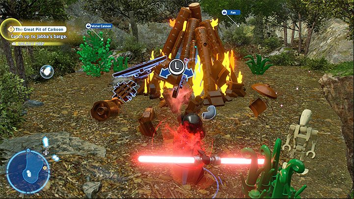 You need to locate the wall shown in picture 1 which is to the north of the collectible marker - you can cut it and breach through it after choosing any character with a lightsaber - LEGO Skywalker Saga: Resistance Base - list of all puzzles - DQar - LEGO Skywalker Saga Guide