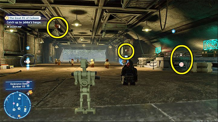 You will find a locked container and you have to look around the bunker in order to find 4 targets - LEGO Skywalker Saga: Resistance Base - list of all puzzles - DQar - LEGO Skywalker Saga Guide