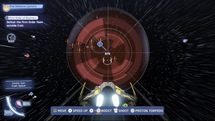 Fly to the mission marker and shoot down 15 enemy ships that attack the rebels - LEGO Skywalker Saga: First Order of Business - walkthrough - Crait facility - LEGO Skywalker Saga Guide